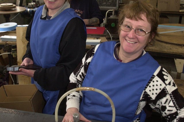 Marlene Malkin, and Hazel Hawcroft cutting the tape to length at Anchor Magnets, Bankside Works Darnall Road, Sheffield in 2001