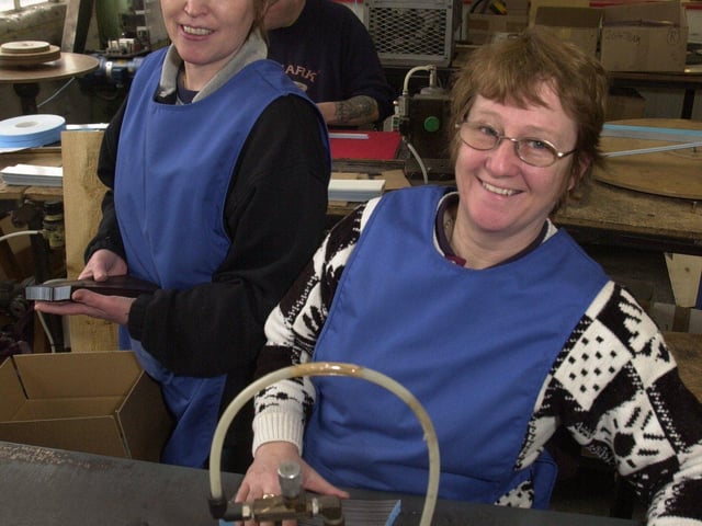 Marlene Malkin, and Hazel Hawcroft cutting the tape to length at Anchor Magnets, Bankside Works Darnall Road, Sheffield in 2001