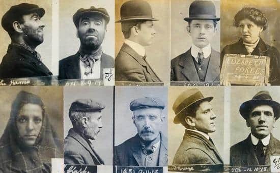 Haunting images of UK criminals from a bygone age have been discovered in an ancient police ledger.