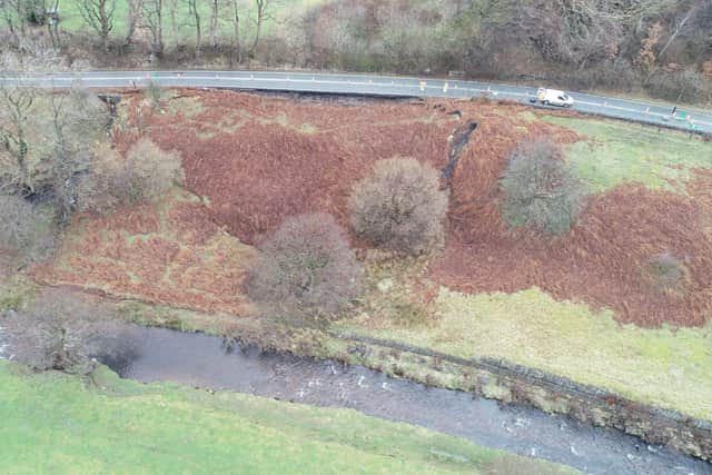 Highways officials have released images showing the extent of damage caused to the Snake Pass in Derbyshire by multiple landslips. Image: Derbyshire County Council.