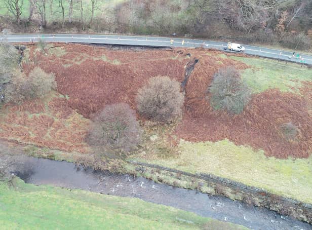 Highways officials have released images showing the extent of damage caused to the Snake Pass in Derbyshire by multiple landslips. Image: Derbyshire County Council.
