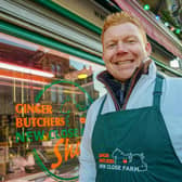 Edward Armstrong outside the new Ginger Butchers shop on Bank Road, Matlock.