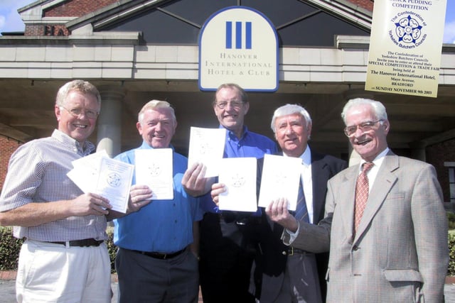 Pictured outside Bradford's Hanover International Hotel, venue for the 2003 Great Yorkshire Pork Pie, Sausage and Black Pudding Competition, are members of the organising committee - from left, Michael Ward, of Stables Butchers, Keighley, retired butcher Stanley Bamforth, of Huddersfield, Terry McEvoy, of MvEvoy's Butchers, Normanton, Wakefield, and retired butchers Ted Jones, of Sheffield, and Gordon Mosley, of Doncaster.
