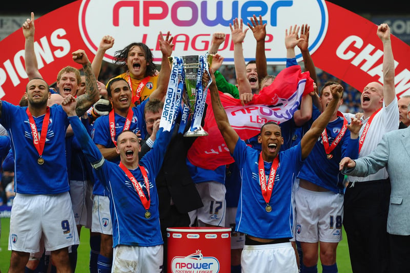 Mark Allott and Dwayne Mattis of Chesterfield celebrate with the trophy after being crowned Champions during the npower League Two match between Chesterfield and Gillingham on May 7, 2011.