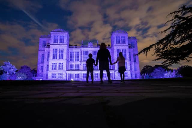 Hardwick Hall near Chesterfield, Derbyshire is illuminated purple to celebrate the launch of WeThe15. Photo: F Stop Press Ltd.