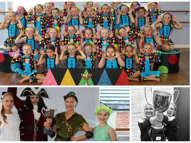 The winning babes troupe from Whittington Moor, Kickers teachers Becca Smith and Jenna Fogg celebrating with the senior trophy, Faith-Sylvia Smith as Peter Pan holding the junior trophy flanked by principal dancers from the Whittington Moor troupe are pictured clockwise from top.