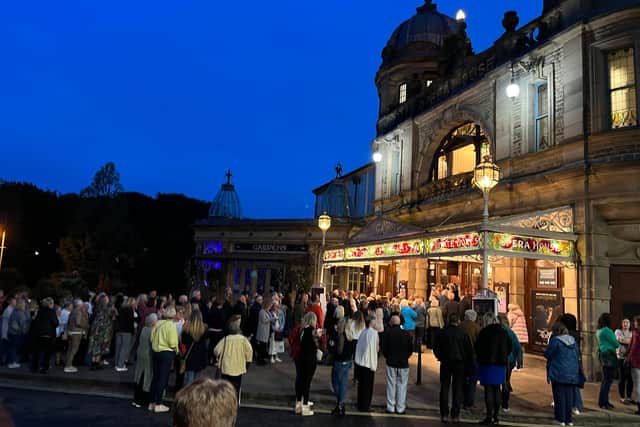 The audience queues for the packed opening night of The Full Monty at Buxton Opera House.