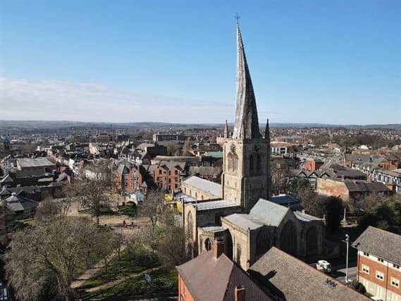 Chesterfield's iconic Crooked Spire has been captured in a birds-eye view
