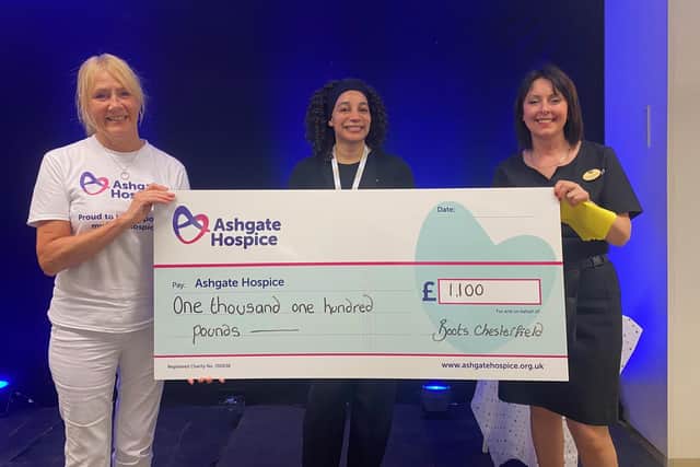 Lynn Jones, community relations support at Ashgate Hospice, being presented with a cheque of money raised from the Boots Chesterfield event - which was matched by the company. Pictured alongside customer advisor Christine Green and assistant beauty manager Joanna Proll.