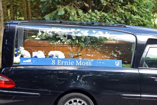 Ernie Moss' funeral cortege arrives at Chesterfield Crematorium.