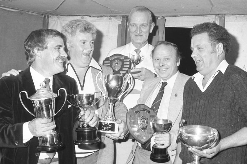 Meet the Stackyard leek show winners from September 1985. Pictured left to right are Ernie Porthouse,  Brian O'Hara,  Ken Toby, David Scott and John Benson.
