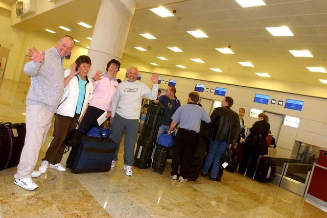 Holiday-makers at the check-out at Robin Hood Airport for the first flight on April 28, 2005