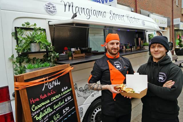 Mangiamo Street Kitchen’s owner, Ugo Marrone, and Coel Martin.