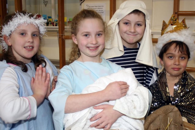 Hannah Farr, Polly Meikle, Joe Lelievre and Matthew Wells, left to right,  played the main roles in the nativity play in Old Hall School, Brampton, Chesterfield, in 2007.
