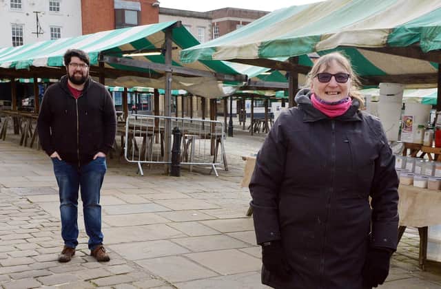 Chesterfield market traders Luke Povey and Steph Mannion. Pictures by Brian Eyre.