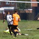 Clowne Wanderers score an equaliser in their game with Bridge Inn. Photos by Martin Roberts.