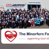 The Minorfern Foundation logo and employees celebrating the SDL Minorfern 45-year anniversary