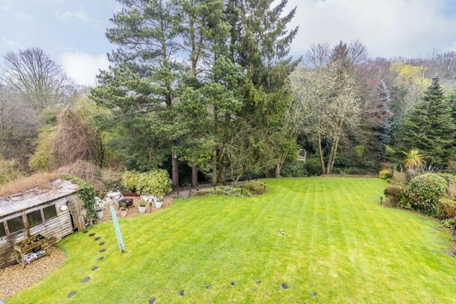 A sprawling lawn, surrounded by trees and mature shrubs, is a key feature of the large back garden