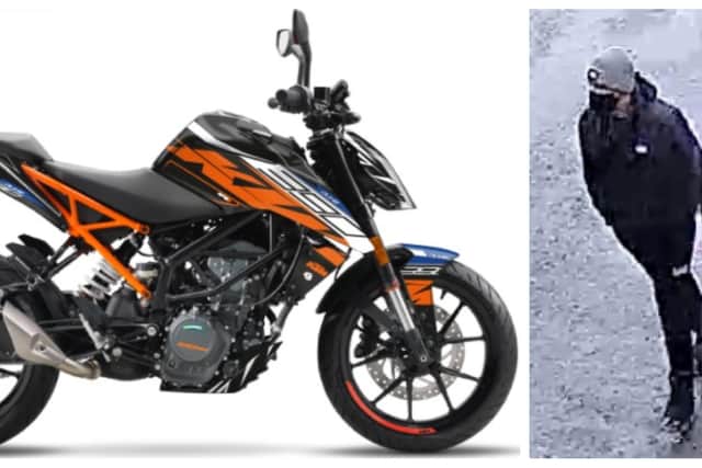 The black and orange KTM Duke (similar to the one pictured) was stolen from Long Eaton. Police have released this image, alongside the CCTV image of a man they would like to trace, as part of their investigation