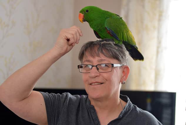 Deb Longden with returned parrot Otto.