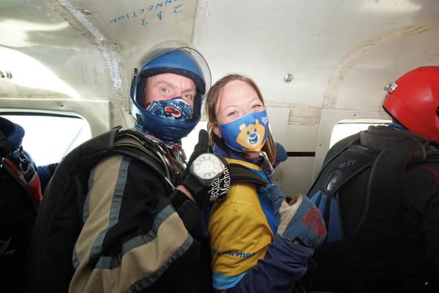 Leanne during her skydive for Sheffield Children's Hospital Charity.