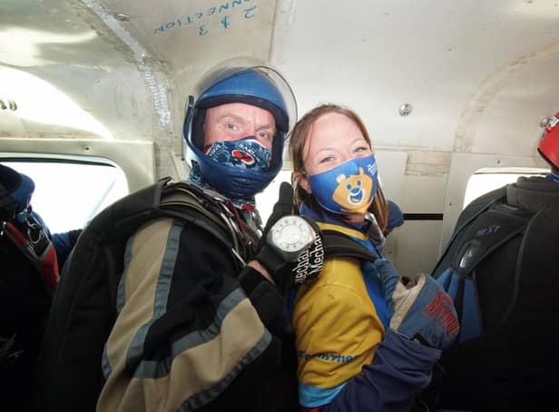 Leanne during her skydive for Sheffield Children's Hospital Charity.