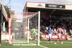 Over the line: the image showing hard done-to Chesterfield were at Cheltenham
