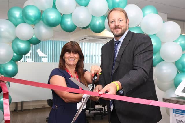 Toby Perkins, MP for Chesterfield, and Diane Berresford, deputy chief executive of the East Midlands Chamber, open the new premises of GBS Apprenticeships