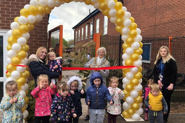(L-R) Sarah Jones, Manager of Kids Planet Sheepbridge; Mayor of Chesterfield Coun Glenys Falconer; and Lauren Poundall, Nursery Practitioner, pictured at the unveiling of the new garden oasis