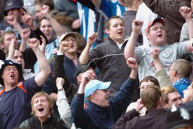 Joyous Wednesdayites enjoy an away day at Hull City in May 2005.