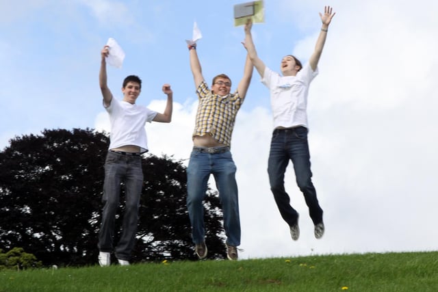 Aaron Soar, James Nolan and Adam Edwards celebrate getting their l A Level results at Tupton Hall Schoo in 2012