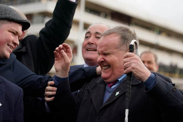 Popular, blind owner Andrew Gemmell celebrates the victory of his horse, Paisley Park, in last year's Stayers' Hurdle.