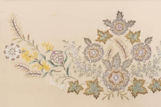 Close-up of the embroidery which features in the sample for Queen Elizabeth's coronation gown in 1953 (photo: Emma Errington/Hansons Auctioneers)