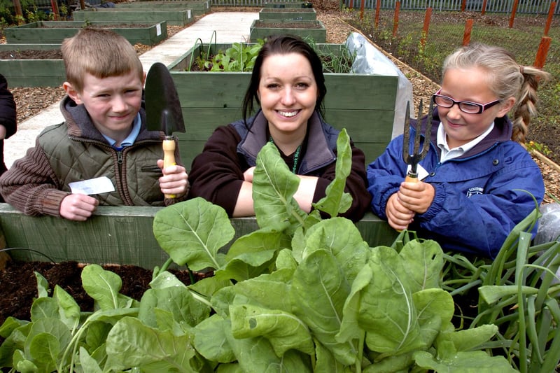 The official opening of the Groundwork North East Community Allotment Project at Summerbell allotments, in Marley Pots. Pictured 9 years ago were Claire Hutchinson, Senior Project Officer, with eight year old Southwick Primary School pupils Jackson Brett and Brogan Gibson.