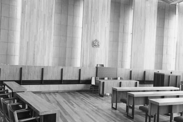 Inside the main court room of the newly-opened Chesterfield Magistrates Court building, 1965