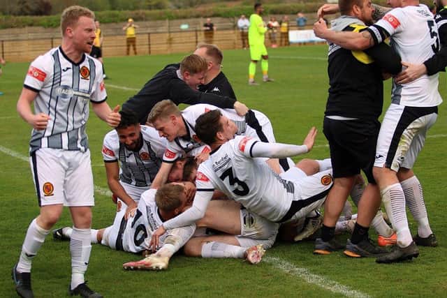 Belper Town celebrate their winning goal. Photo by Mike Smith.