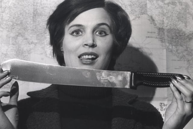 Sheffield has been known for the production of knives since as far back as the 14th century, and it was even mentioned in Chaucer’s Canterbury Tales which was written between 1387 and 1400. Pictured is Mrs Brenda Jones, a secretary at Joseph Rodgers and Sons Ltd in February 1968, displaying the firm's latest line of butcher's knives