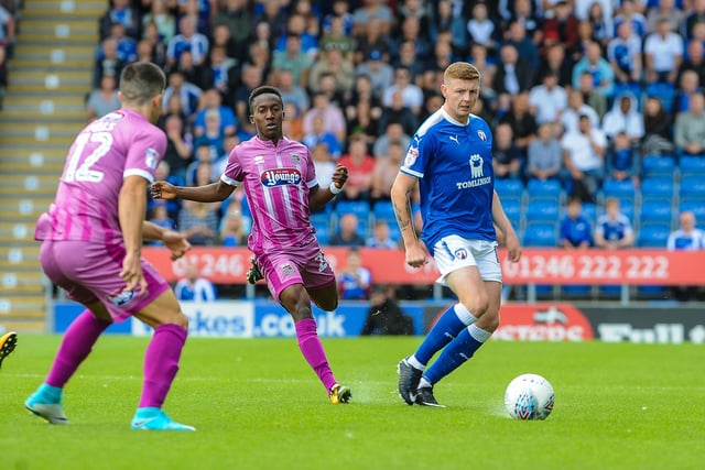 Chesterfield's midfielder Dion Donohue (19) lays off the ball.