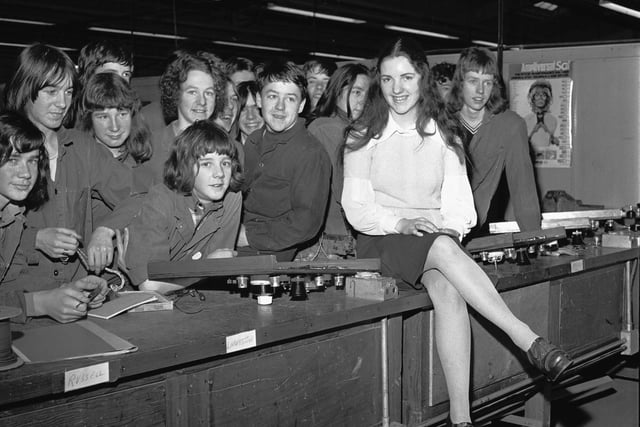 Susan Myers, the only female apprentice electrical fitter at Rosyth dockyard in January 1973 - Susan with her  male classmates.