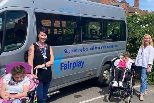 Fairplay is launching a Crowdfunding appeal to replace the charity's 12-year-old minibus. Chief executive Heather Fawbert (right) is pictured with staff team member Linda Knowles and two of Fairplay's young people.