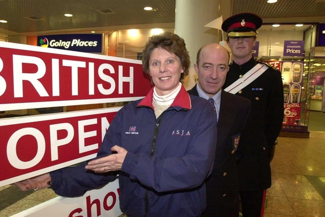 Leading show jumpers Di Lampard and Michael Whitaker with Capt Patrick Leavey of the Household Cavalry, pictured at Meadowhall at the launch of the British Open Show Jumping Championships in 2003