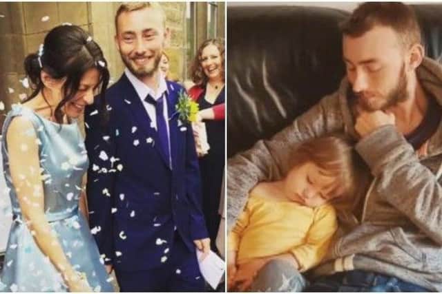 Joshua is pictured with wife Talia on their wedding day and with son Luke.