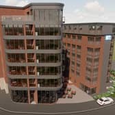 A computer image of the proposed seven-storey apartment block and seven-storey hotel at Basil Close.