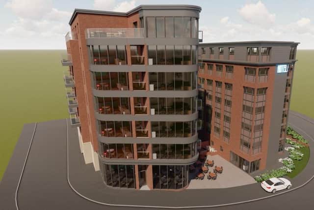 A computer image of the proposed seven-storey apartment block and seven-storey hotel at Basil Close.