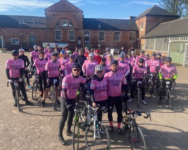 Danni’s family and friends took part in the 50-mile Cycle Derby Sportive in her memory. Pictured at the front of the group are Sean and Debbie Meehan, Danni’s parents, and her partner Chris Kent.