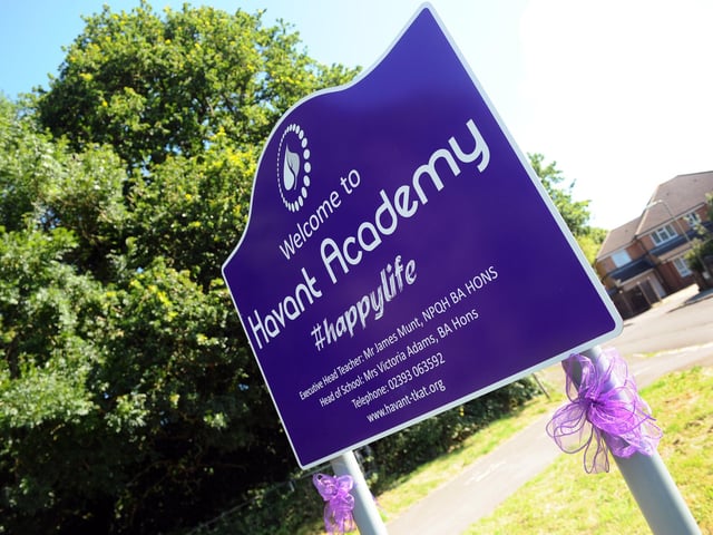 Purple ribbons were tied up on signs such as at Havant Academy and on lampposts around the area in tribute to Louise Smith. Picture: Sarah Standing (100720-1416)