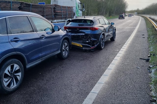 DRPU tweeted: "A38 Coxbench. 22 plate Cupra fresh out the showroom. Rear ended by Honda driver not paying attention in slowing traffic. Stay alert. #DriveToArrive"