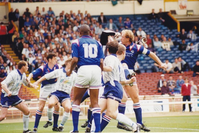 Nicky Law is pictured in action during the 1994-5 Wembley final which saw Chesterfield beat Bury to seal promotion. They won 2-0 in front of 22,814 fans.