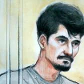 An artist's impression of Vasile Culea accused of the murder of Freda Walker and the attempted murder of Ken Walker at Langwith Junction, Derbyshire. Image: Helen Tipper/SWNS.