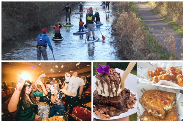 Paddleboarding down Chesterfield Canal, food and drink festival in Matlock's Hall Leys Park, Bonkers Bingo party night at Chesterfield Mecca Bingo, clockwise from top.